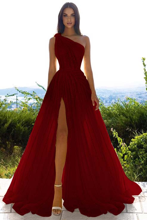Tulle Sequins One Shoulder A Line Long Prom Dress Daffodil With Front Split