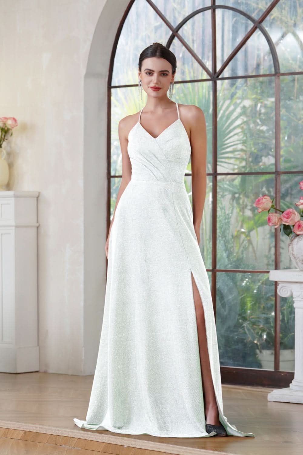 Halter Shiny Silk Long Prom Dress V-Neck Pleated Side Slit Party Dress with Pocket BMbride