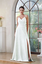 Halter Shiny Silk Long Prom Dress V-Neck Pleated Side Slit Party Dress with Pocket BMbride