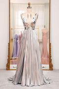 Sparkly A Line Deep V Neck Silver Long Prom Dress with Beading