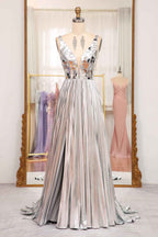 Sparkly A Line Deep V Neck Silver Long Prom Dress with Beading