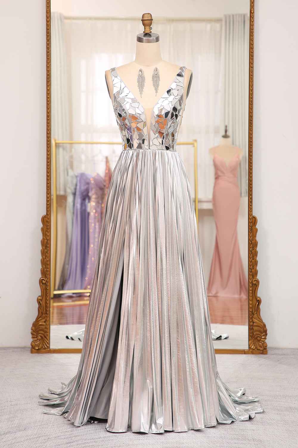 Sparkly A Line Deep V Neck Silver Long Prom Dress with Beading
