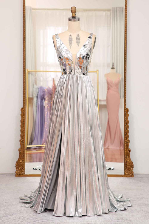 Sparkly A Line Deep V Neck Silver Long Prom Dress with Beading
