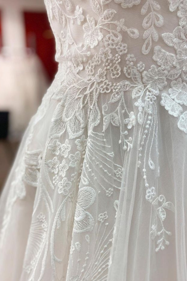 Simple V-Neck Long A-Line Tulle Lace Wedding Dress with Open Back and Appliques BM bride