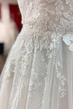 Simple V-Neck Long A-Line Tulle Lace Wedding Dress with Open Back and Appliques BM bride