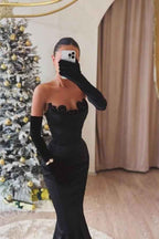 Charming Black Strapless Mermaid Pleated Long Prom Dress With Long Gloves
