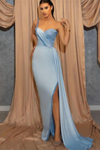 Sky Blue One-Shoulder Spaghetti-Strap Sweetheart Mermaid Evening Dress with Sequins Split BM bride