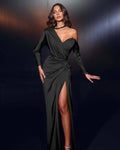 One Shoulder Long Sleeves Mermaid Long Prom Dress With Split Pleated BMBRIDE