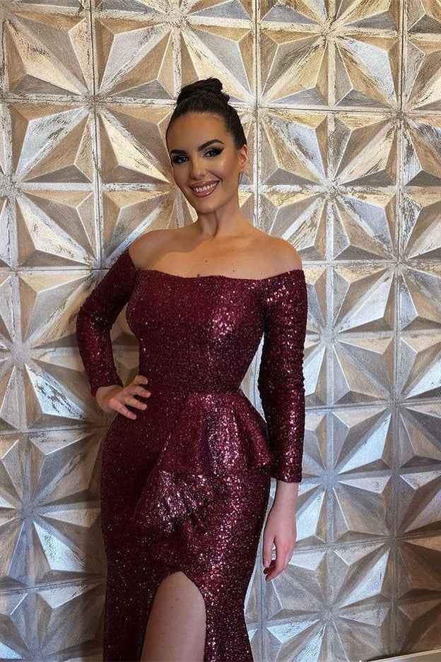 Off the Shoulder Long Sleeves Sequins Burgundy Mermaid Prom Dress With Split
