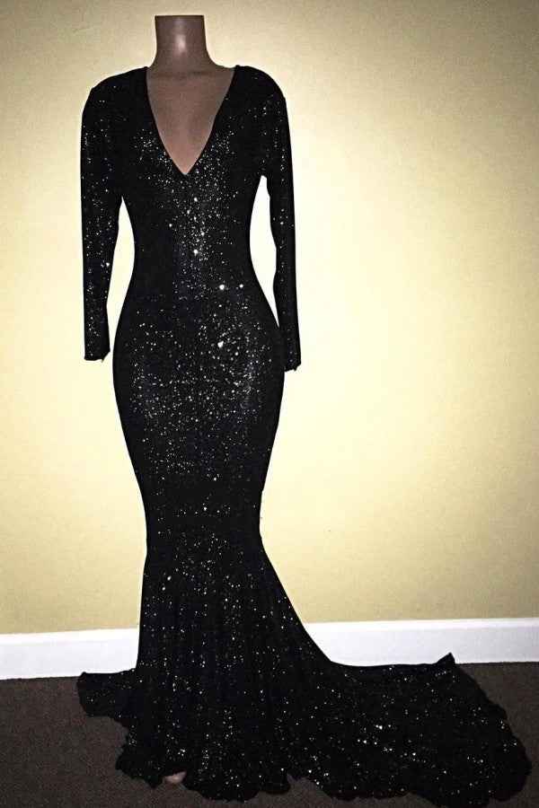 Charming Long Sleeves V Neck Mermaid Long Prom Dress Black With Sequins