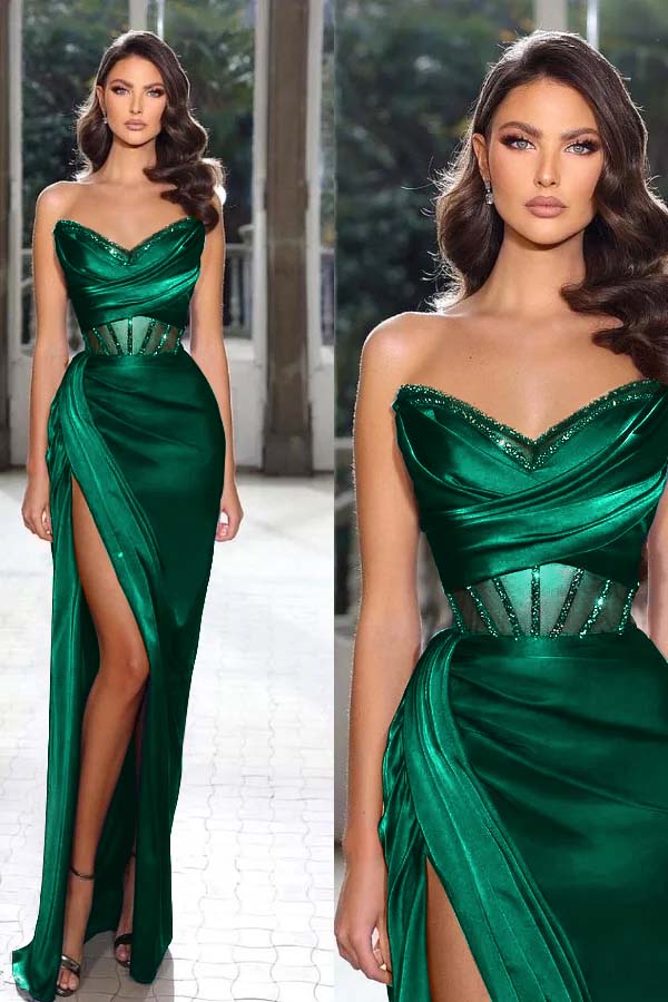 Strapless Sleeveless Long Mermaid Prom Dress With Split Pleated BMBRIDE