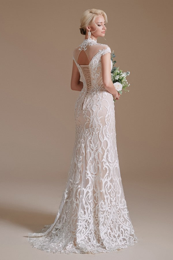 Sleeveless Mermaid Wedding Dress High-neck Lace With Sleeves BM bride