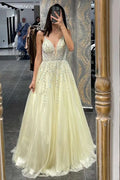 Daffodil Spaghetti-Strap Tulle A-Line Prom Dress with Beadings BM bride