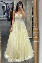 Daffodil Spaghetti-Strap Tulle A-Line Prom Dress with Beadings BM bride