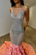 Elegant Pink Evening Dress Long with Sequins, Flowers, and V Neck Tulle BM bride