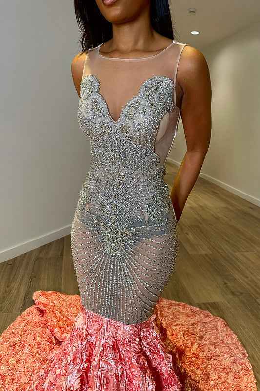 Crew Neck Sequins Sleeveless Flower Mermaid Princess Prom Dress Splicing Trumpet