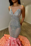 Elegant Pink Evening Dress Long with Sequins, Flowers, and V Neck Tulle BM bride