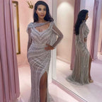 Sequin Prom Dress, Long Sleeve V-Neck High Slit BM bride