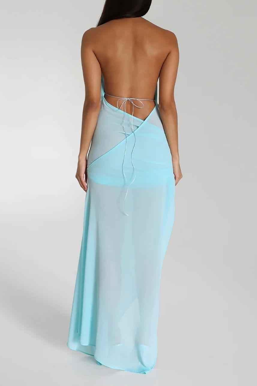 Halter Backless Sleeveless Pleated Long Prom Dress With Split