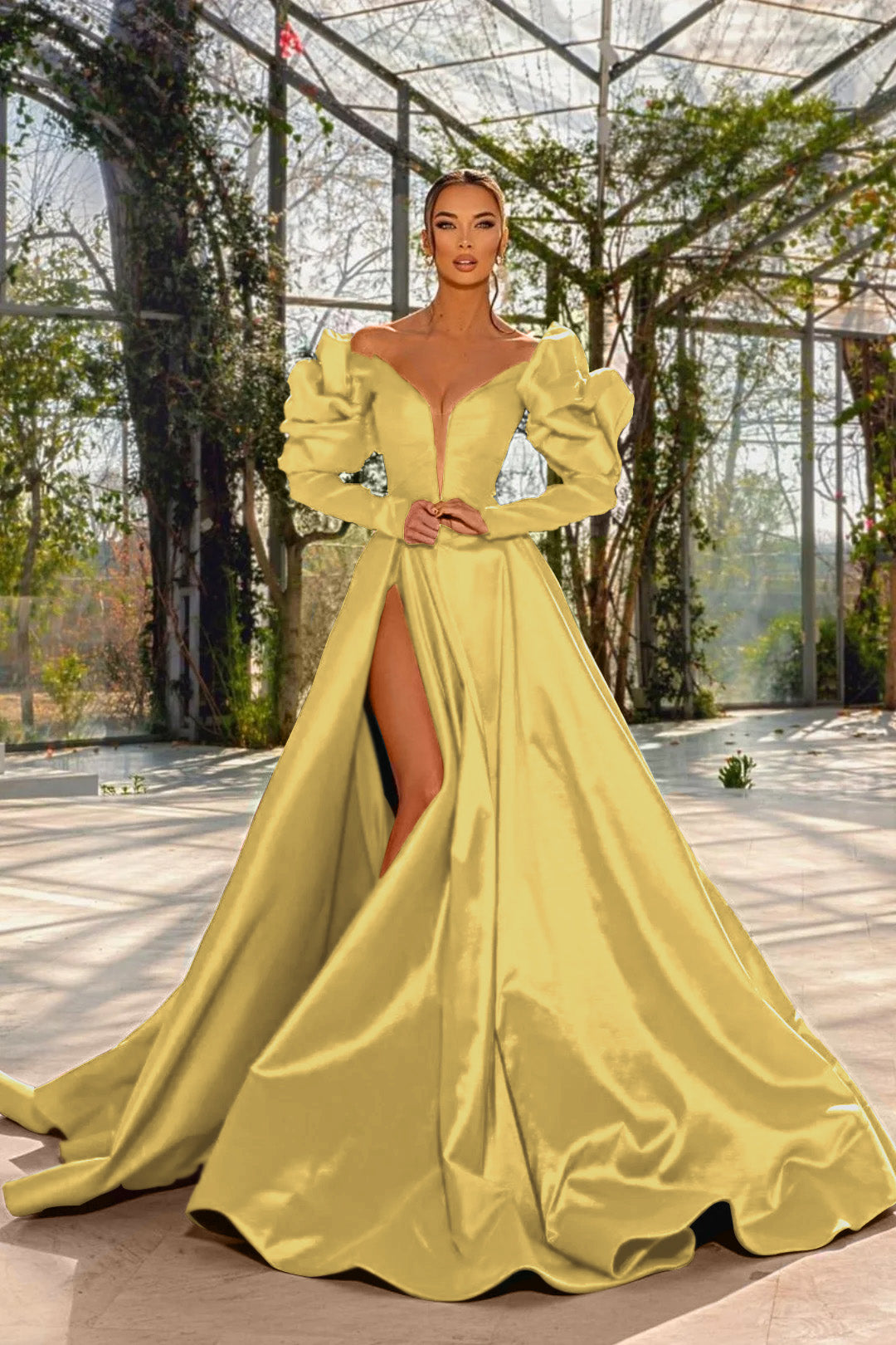 Sexy Prom Dress Red V Neck Bubble Long Sleeves With High Split BMBRIDE
