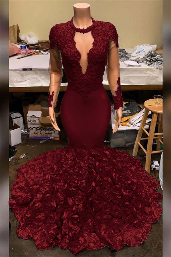 Elegant Mermaid V Neck Prom Dress Appliques Long Sleeves With Flowers Bottom BMBRIDE