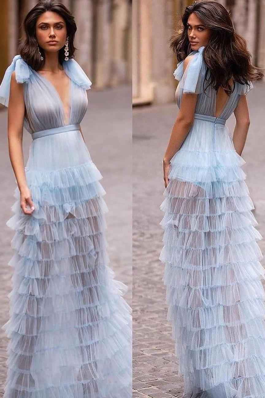 Tulle V Neck Straps Sleeveless Long Prom Dress With Ruffles