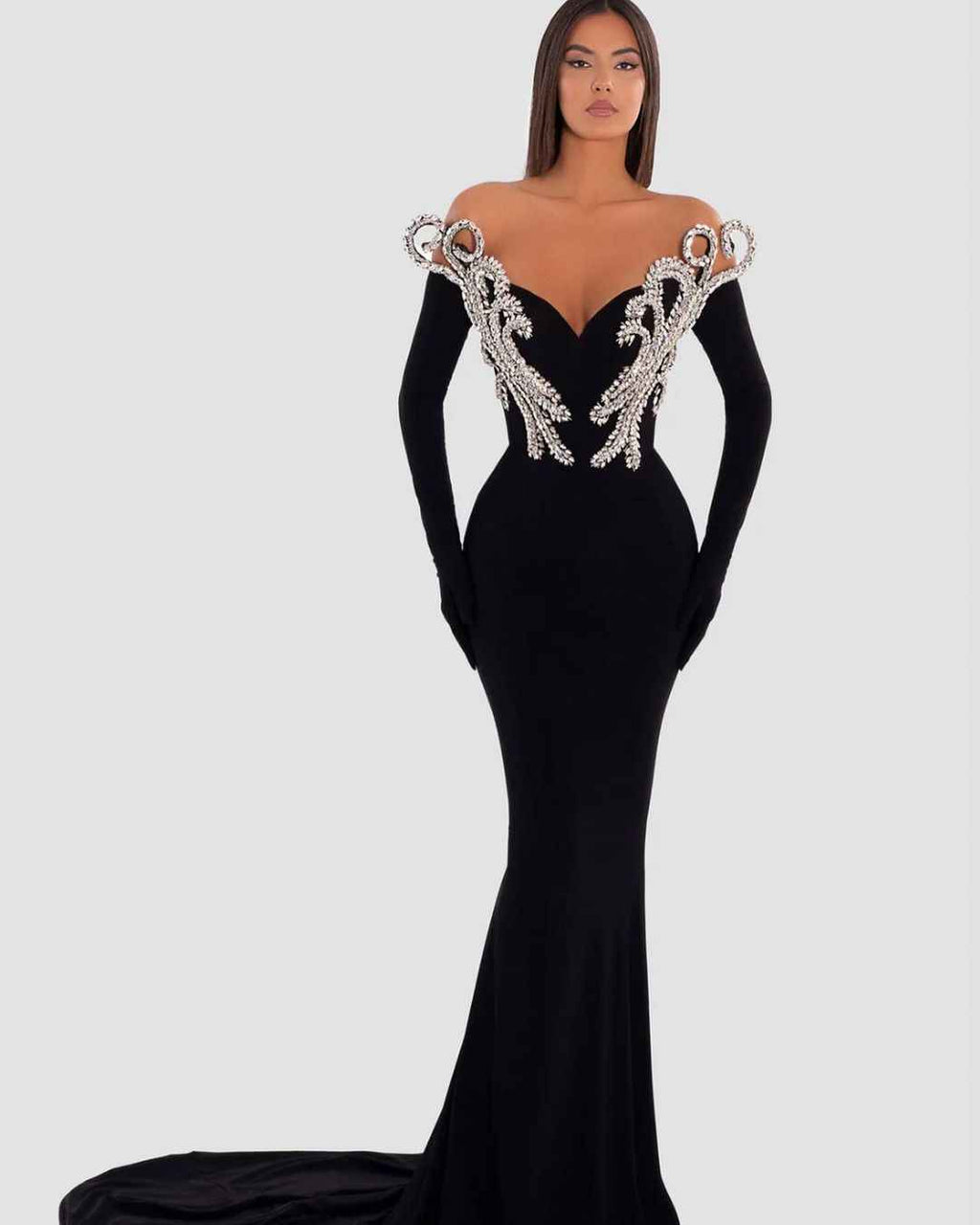Black Off the Shoulder Sweetheart Mermaid Long Sleeves Prom Dress With Gloves