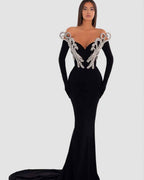 Black Off the Shoulder Sweetheart Mermaid Long Sleeves Prom Dress With Gloves
