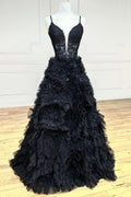 Chic Black Plunge V Spaghetti Strap Ruffle Tiered Long Gown BM bride