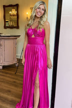 Modern Metallic Keyhole Spaghetti Strap Long Prom Dress with Slit BM bride