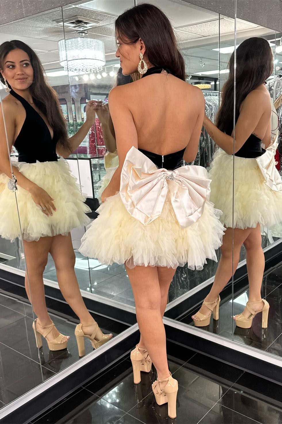 Charming Black Halter Bow Back Ruffle Tiered Short Cocktail Dress BM bride