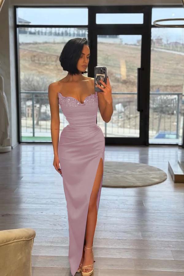 Strapless Sleeveless Long Split Prom Dress With Pleated Sequins