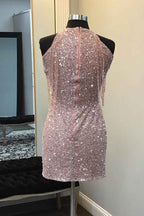 Sparkly Champagne Sequin Round Neck Tight Short Homecoming Dress with Fringes