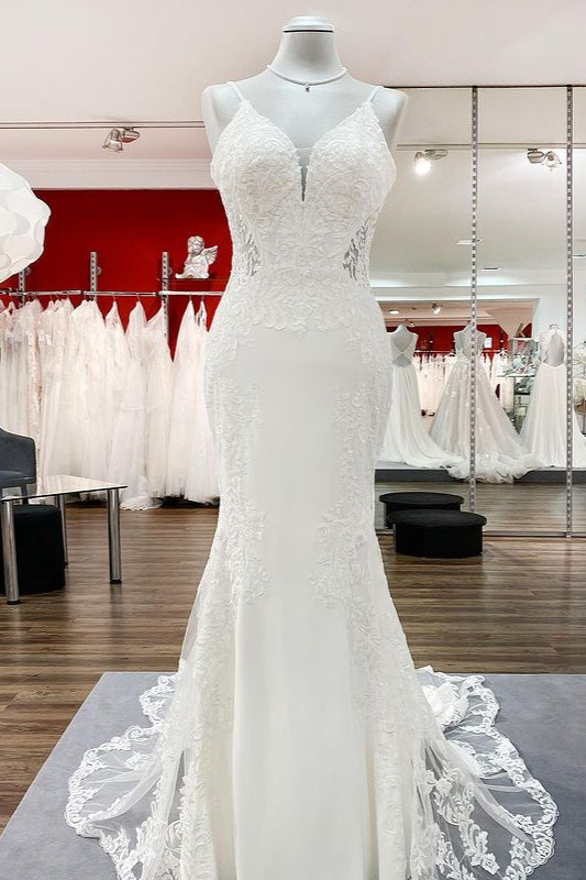 Sweetheart Long Mermaid Spaghetti Strap Open Back Wedding Dress with Lace and Satin BM bride