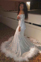 Off the Shoulder Sequins Long Sleeves Long Mermaid Prom Dress With Feather