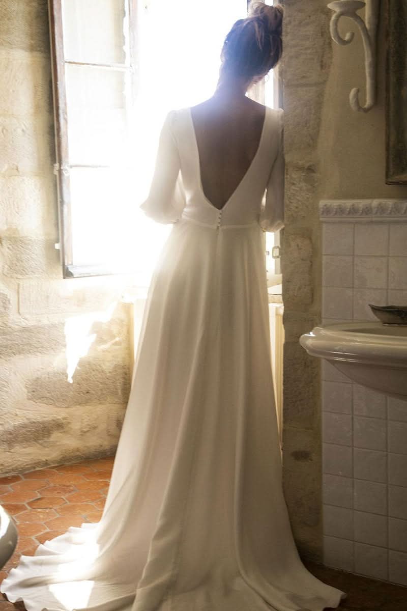 Half Sleeve V-Neck Wedding Dress BM bride
