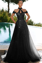 Gorgeous Pink Off-the-Shoulder Evening Dress Mermaid Prom Dress with Tulle Sequins BM bride