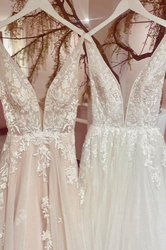 Long Sweetheart A-Line V-Neck Backless Wedding Dress with Tulle Lace BM bride