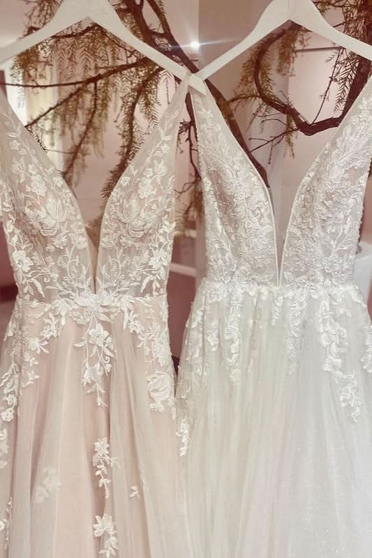 Long Sweetheart A-Line V-Neck Backless Wedding Dress with Tulle Lace BM bride