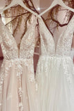 Long Sweetheart A-Line V-Neck Backless Wedding Dress with Tulle Lace BM bride