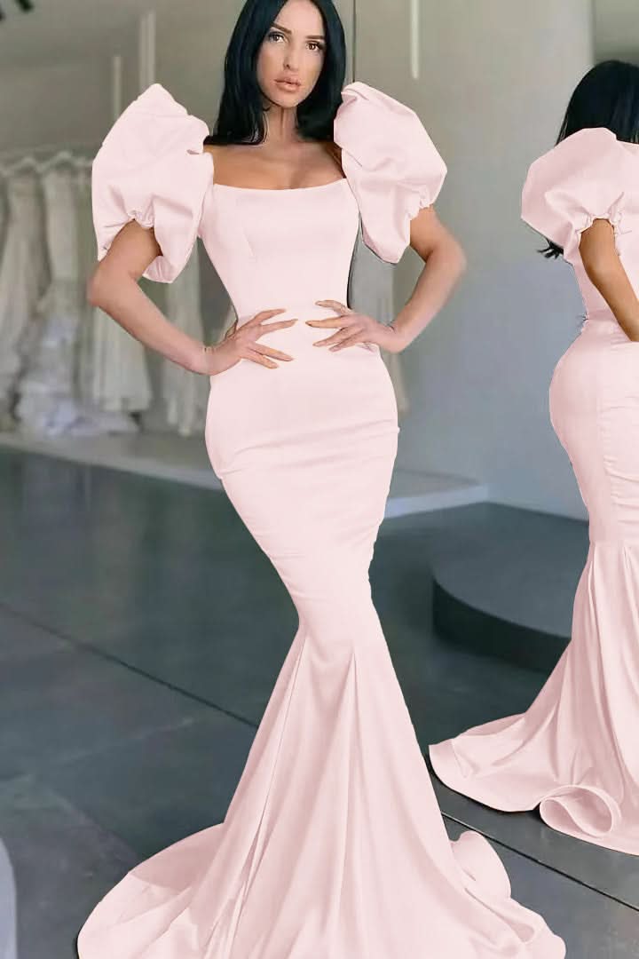 Yellow Square-Neck Bubble Sleeve Mermaid Long Prom Dress BM bride