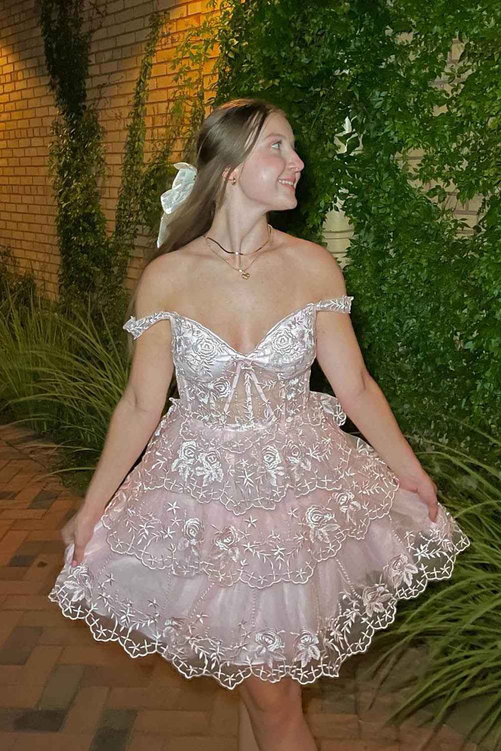 Pink A-Line Off the Shoulder Tiered Short Homecoming Dress