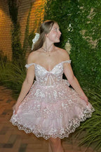 Pink A-Line Off the Shoulder Tiered Short Homecoming Dress