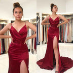 Burgundy Sleeveless Pleated Prom Dress Spaghetti Strap With Front Split