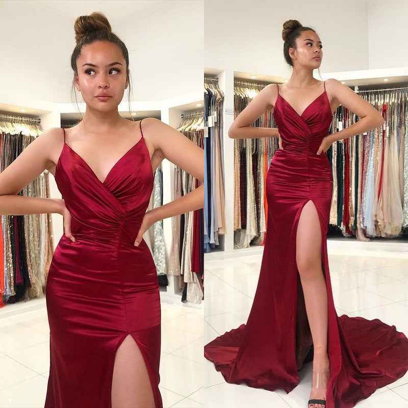 Burgundy Sleeveless Pleated Prom Dress Spaghetti Strap With Front Split