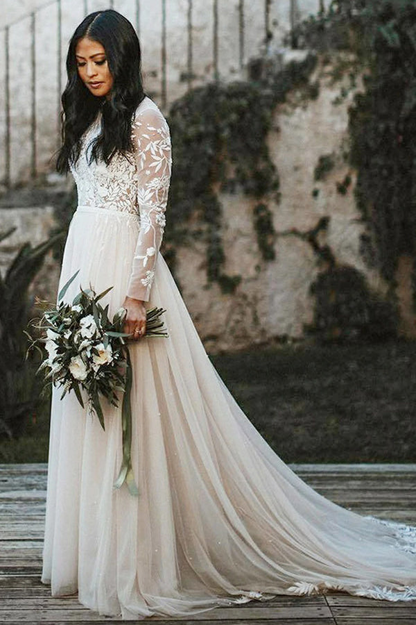 A-line Lace Long Sleeve Scoop Sweep Train Wedding Dress with Classic Beauty BM bride