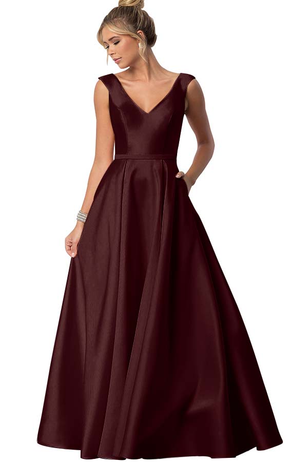 Straps V Neck Sleeveless Long Prom Dress With Pockets Pleated