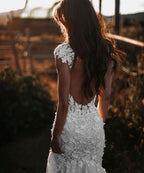 Sweetheart Backless Long Mermaid Wedding Dress with Tulle Lace BM bride