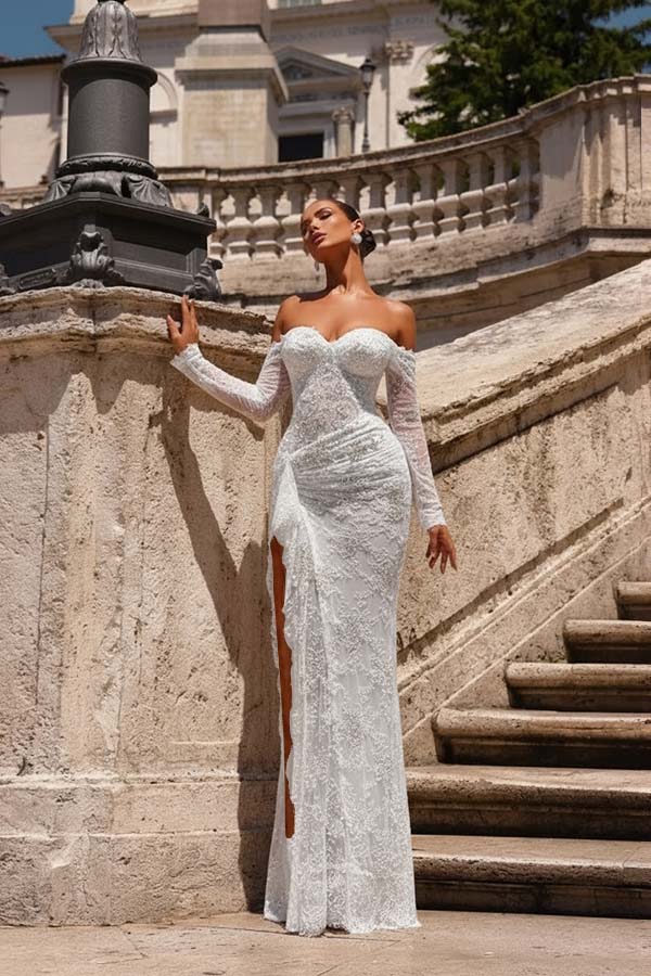 Off the Shoulder Long Sleeves Long Mermaid Prom Dress With Lace Appliques BMBRIDE