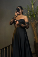 Strapless Long Sleeves Long Prom Dress With Pleated Appliques